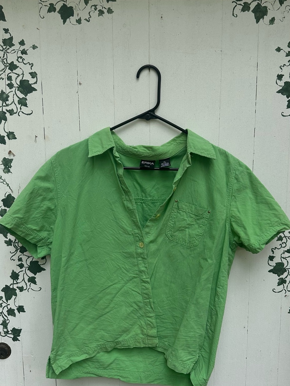 90’s Utility Style Crop Top Short Sleeve Button-Down Shirt in Bright Green